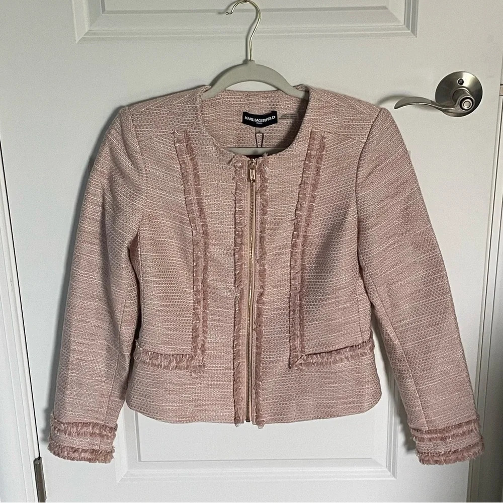 New! Karl Lagerfeld Paris Tweed Fringe Jacket pink nwt 29610 - Picture 2 of 16